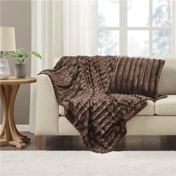 Faux Fur Throw Blanket Brown Luxury Soft Cozy Long Plush Bed Sofa Winter Gift - Picture 3 of 7